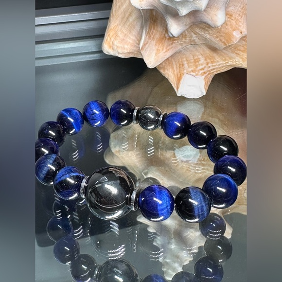 DARK BLUE TIGERS EYE + HEMATITE NATURAL STONES BRACELET size 7” - Picture 6 of 11
